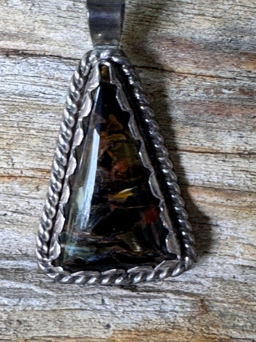 Sterling Silver Pendant Unisex 7.59g Pietersite Triangular Cabochon Artisan - Picture 2 of 8